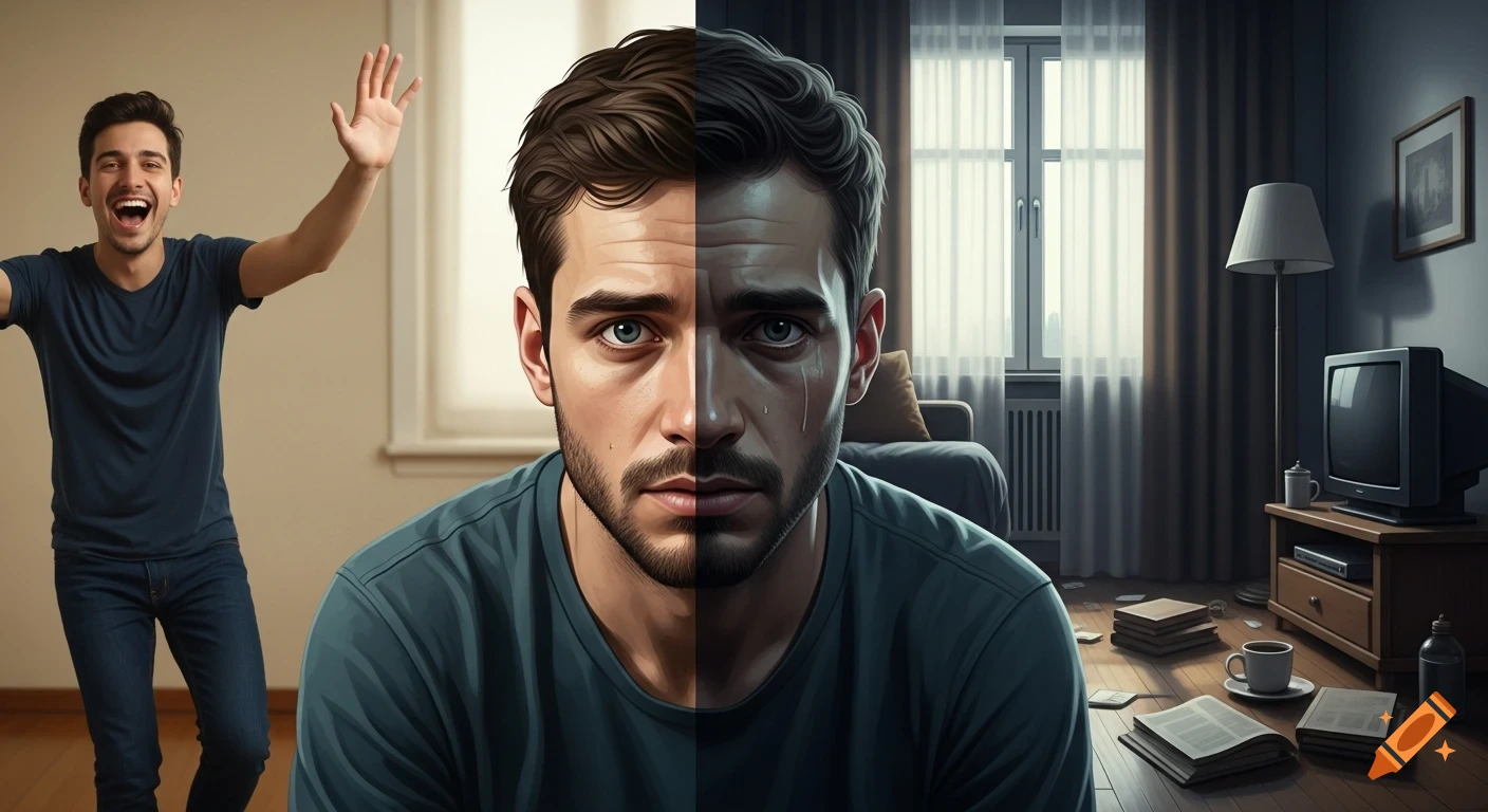 A split image shows a man's face, one side smiling in a bright room, the other crying in a dark, messy room, depicting depression.