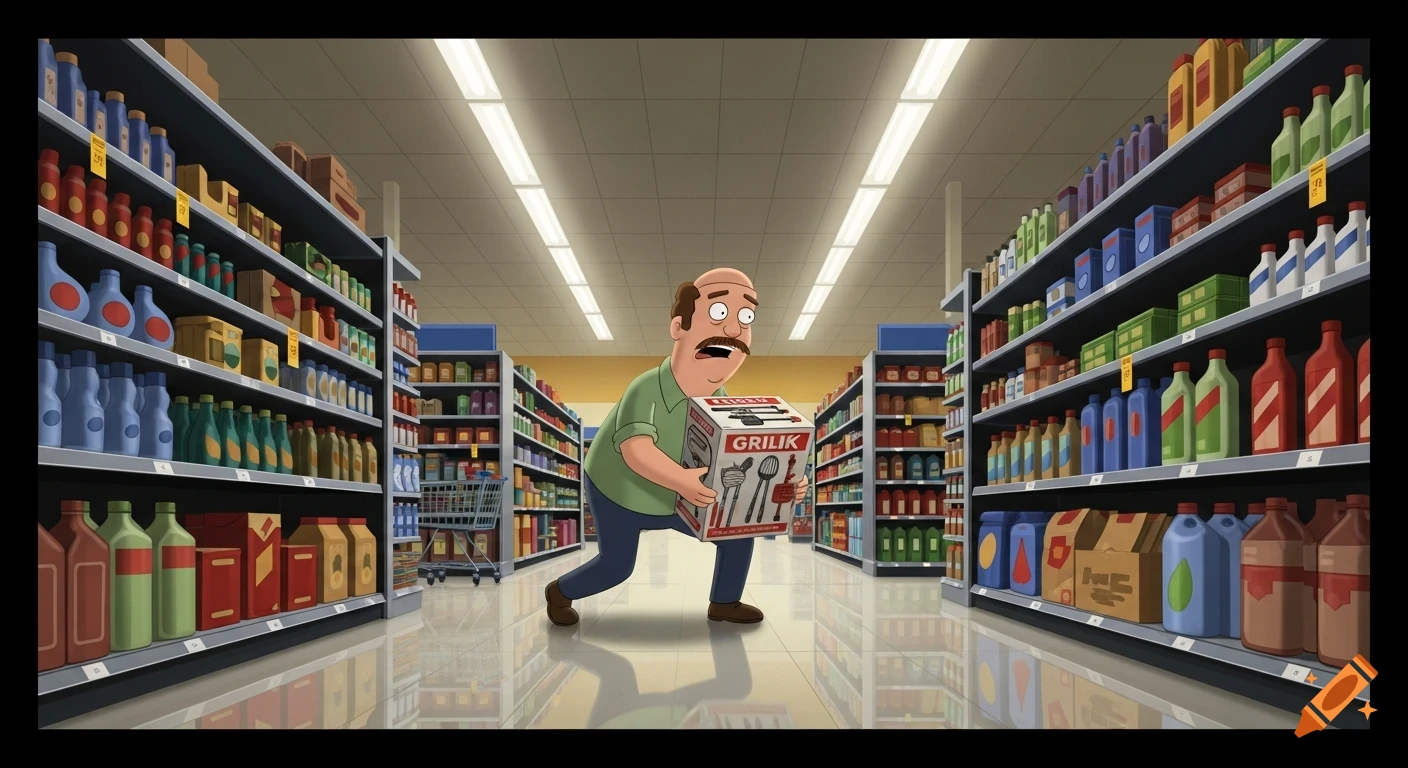 A cartoon man, resembling a 'Bob's Burgers' character, hunches over carrying a box labeled 'GRILIK' in a brightly lit supermarket aisle.