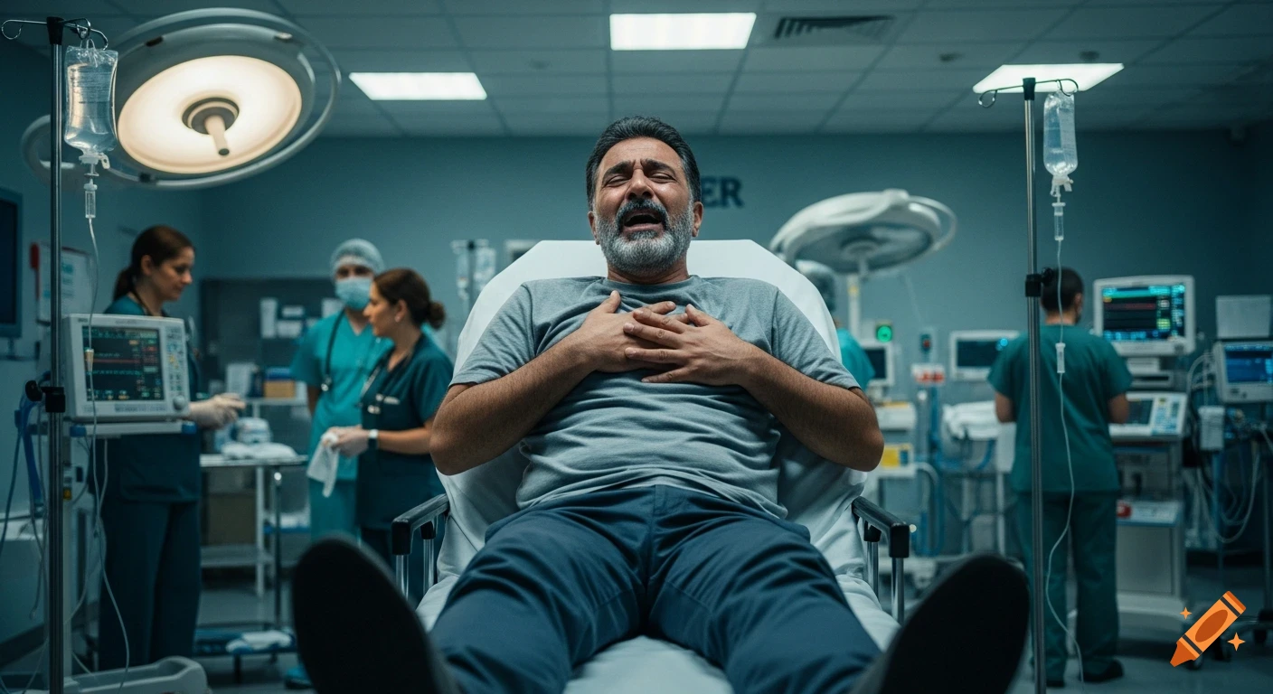 A man clutching his chest in pain on a stretcher in a realistic emergency room with medical staff.
