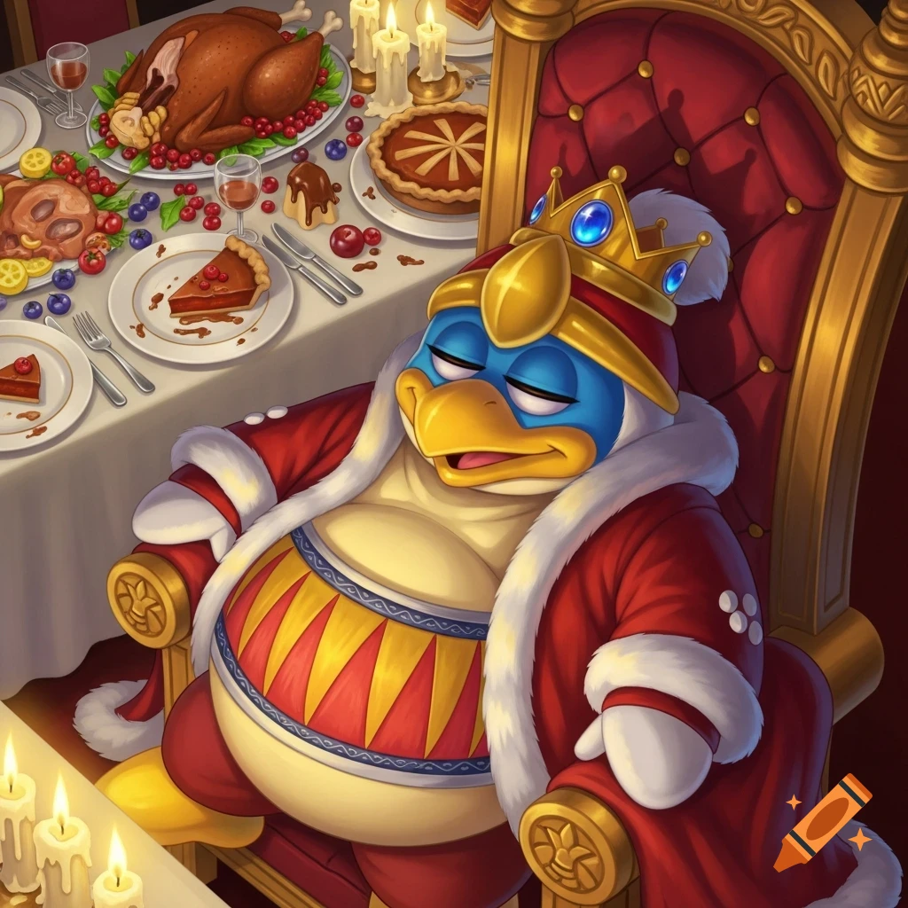 King Dedede, a blue and yellow penguin-like character in a red robe and gold crown, is asleep at a table laden with food.