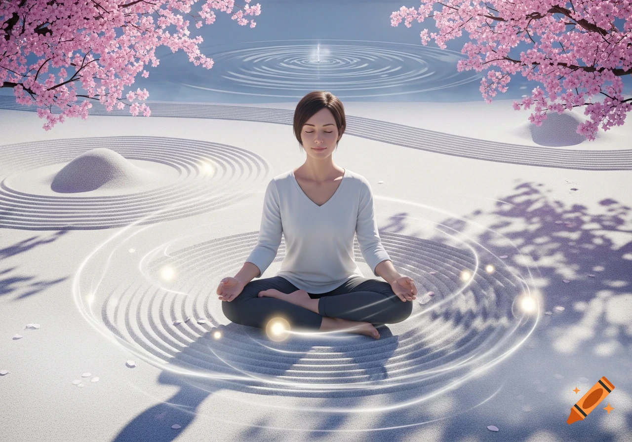 A woman in a white shirt meditates cross-legged in a serene zen garden with raked sand, cherry blossoms, and ethereal glowing rings.