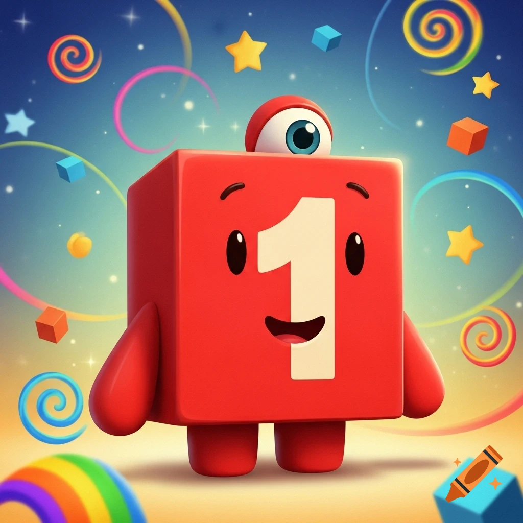 A friendly, red cubic character with a large white number '1' on its chest, an eyeball on its head, smiling, surrounded by colorful stars and swirls.