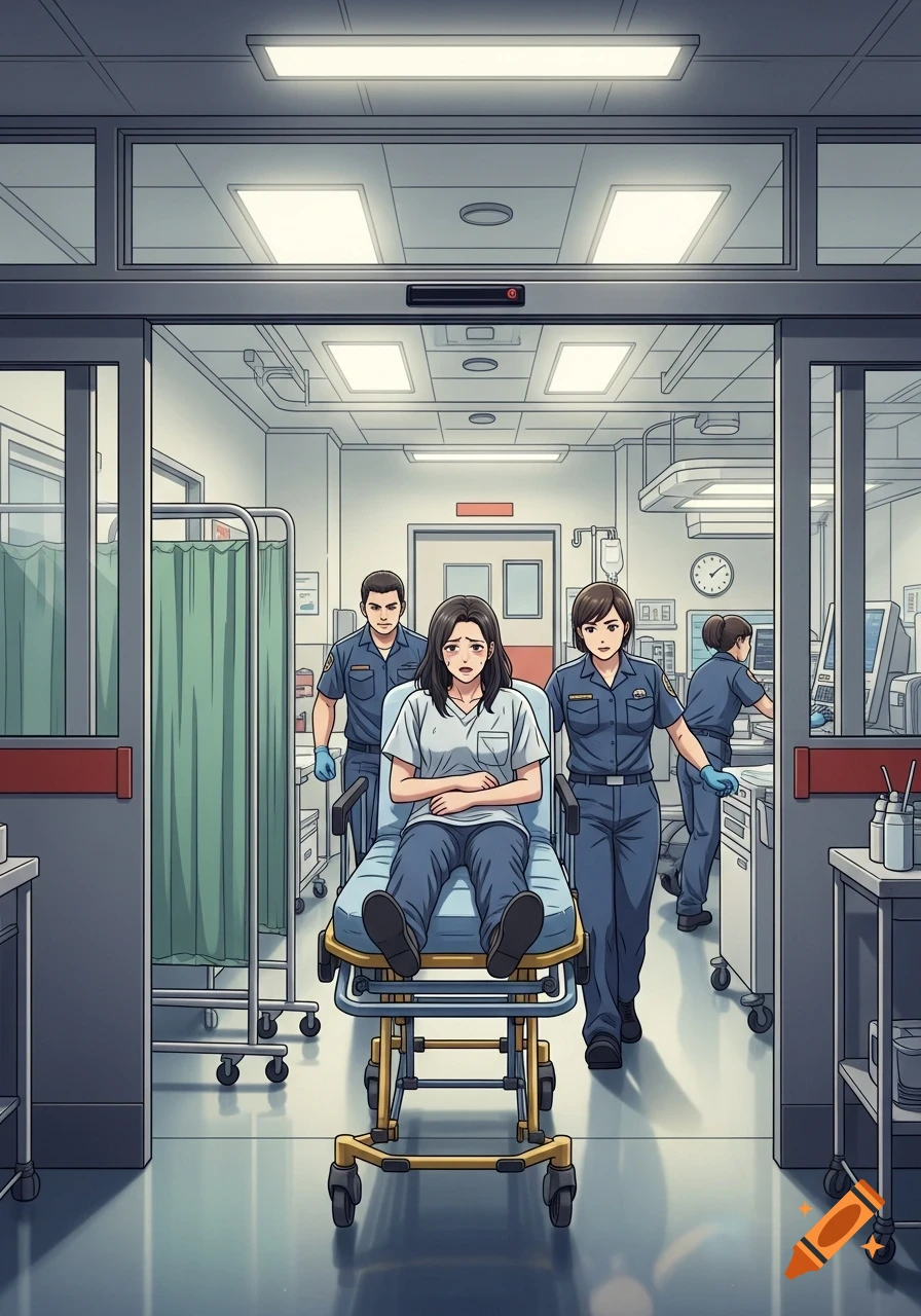A distressed person on a gurney being wheeled through a brightly lit anime-style hospital emergency room by medical staff.