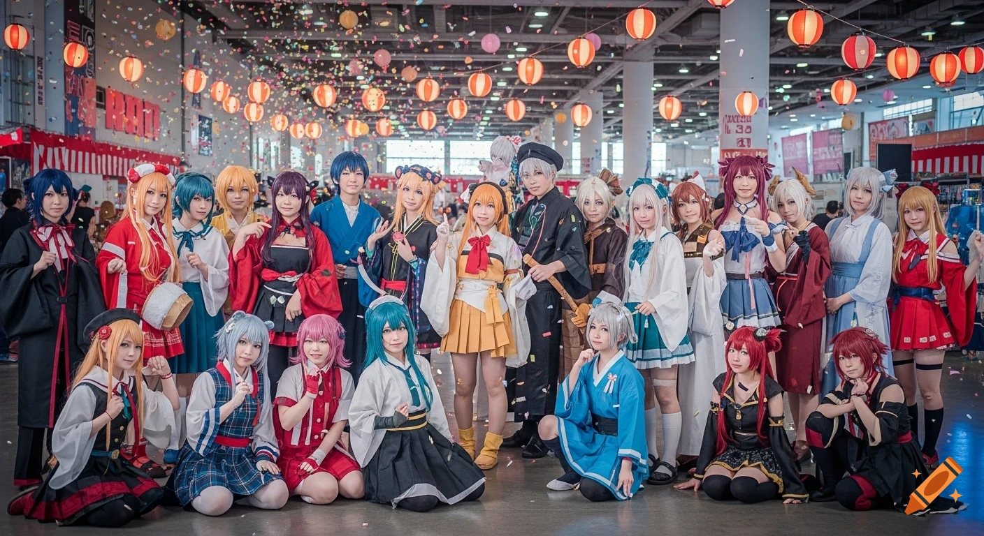 A large group of people in colorful anime-style cosplay outfits pose together at a lively convention hall decorated with paper lanterns and confetti.
