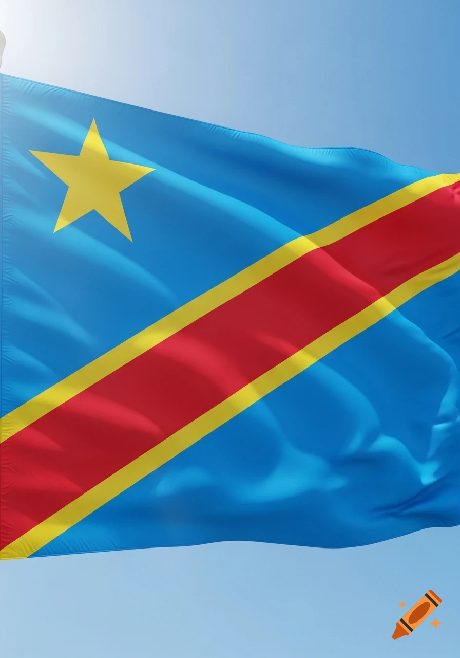 The national flag of the Democratic Republic of Congo waving in the wind under a clear blue sky.