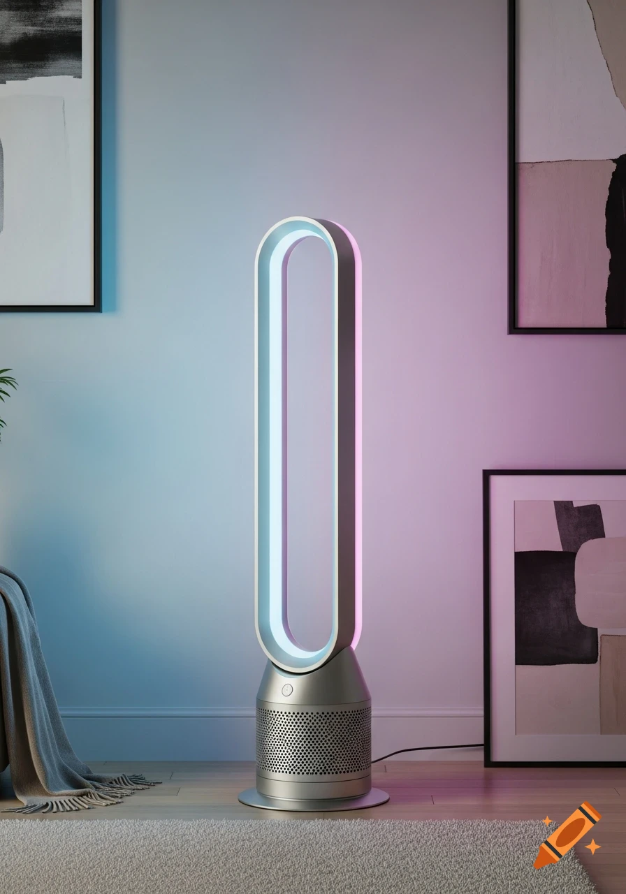 A modern Dyson-style tower fan with a glowing LED light ring, casting blue and pink light on a light gray wall in a modern room.