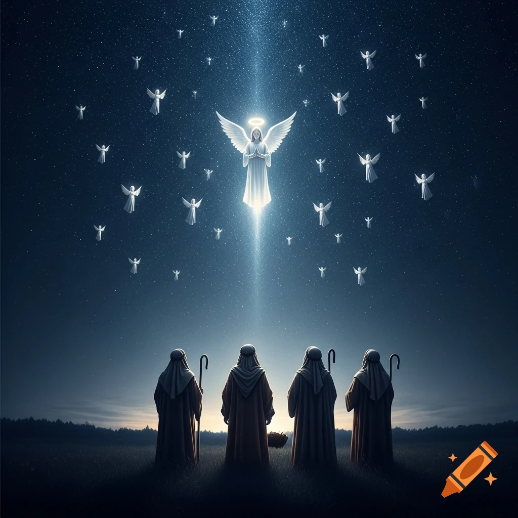 Four cloaked shepherds stand in a field, looking up at a glowing angel and many smaller angels in a starry night sky.