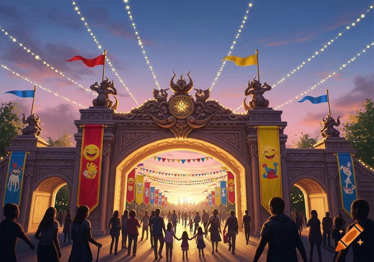 A grand, ornate theme park entrance adorned with flags and banners, illuminated by string lights, with crowds of people entering under a vibrant sunset sky.