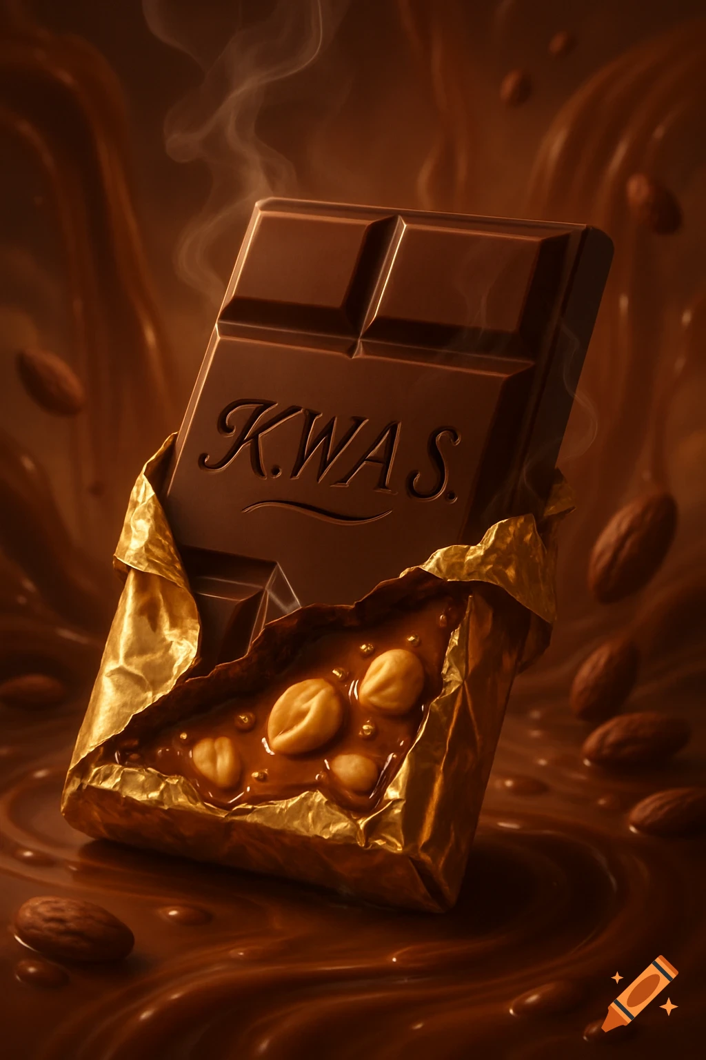 A photorealistic chocolate bar, partially unwrapped to reveal a nutty caramel filling, with "K.W.A.S." embossed on top.