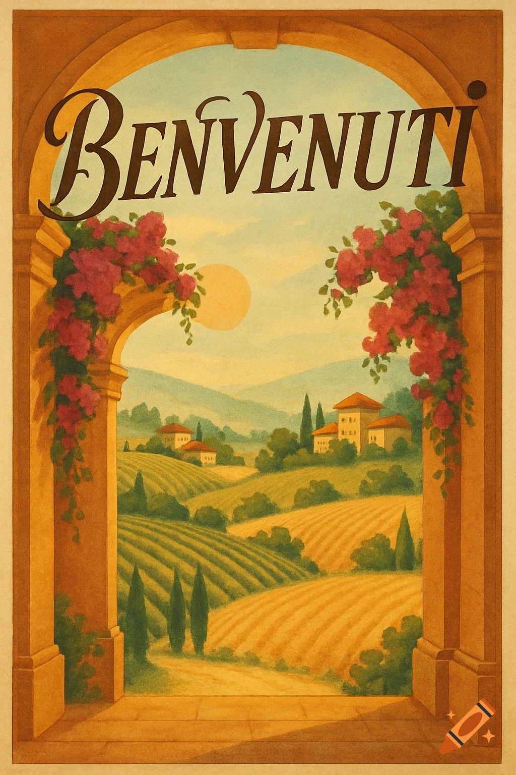 Vintage-style travel poster of a rolling Italian landscape with vineyards and villas seen through a stone archway, with 'BENVENUTI' at the top.