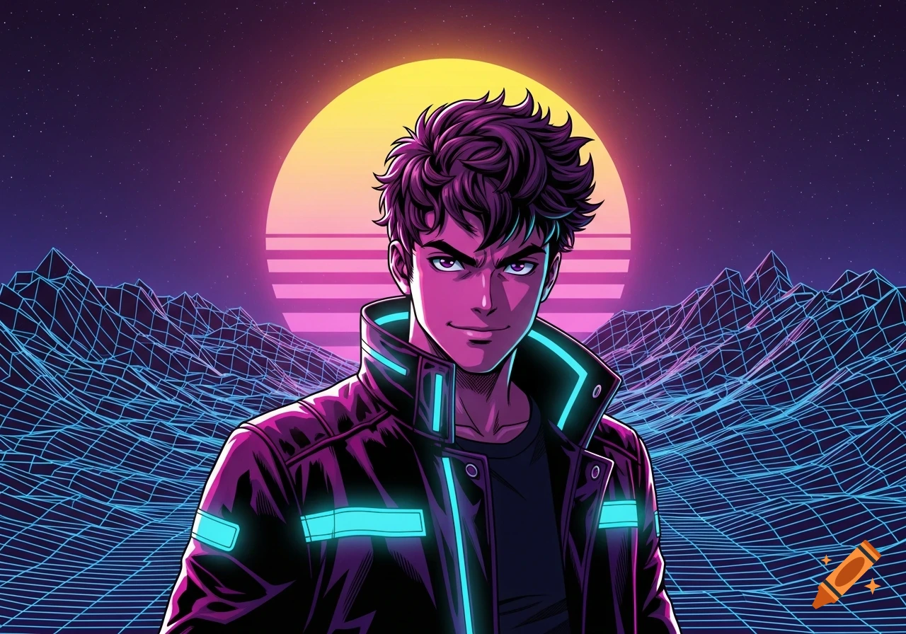Anime-style young man in a neon-accented leather jacket against a retrowave sunset and wireframe mountains.