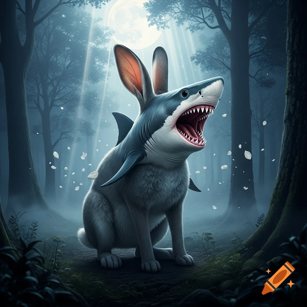 A fantastical rabbit with a shark's head and gaping mouth stands in a misty, moonlit forest with white petals falling.