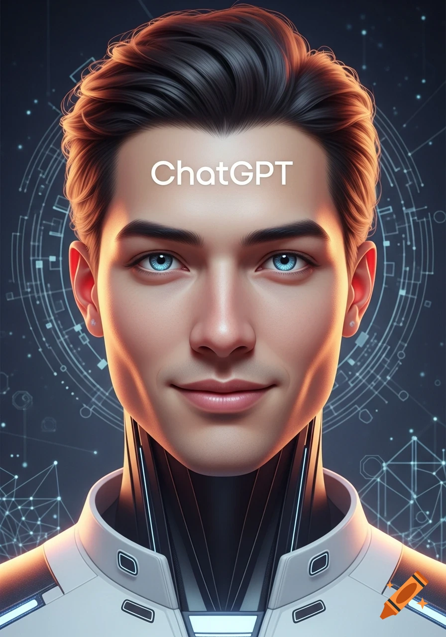 Hyper-realistic portrait of an AI with blue eyes, dark hair, and a gentle smile, wearing a futuristic uniform, with 'ChatGPT' on its forehead and digital background.