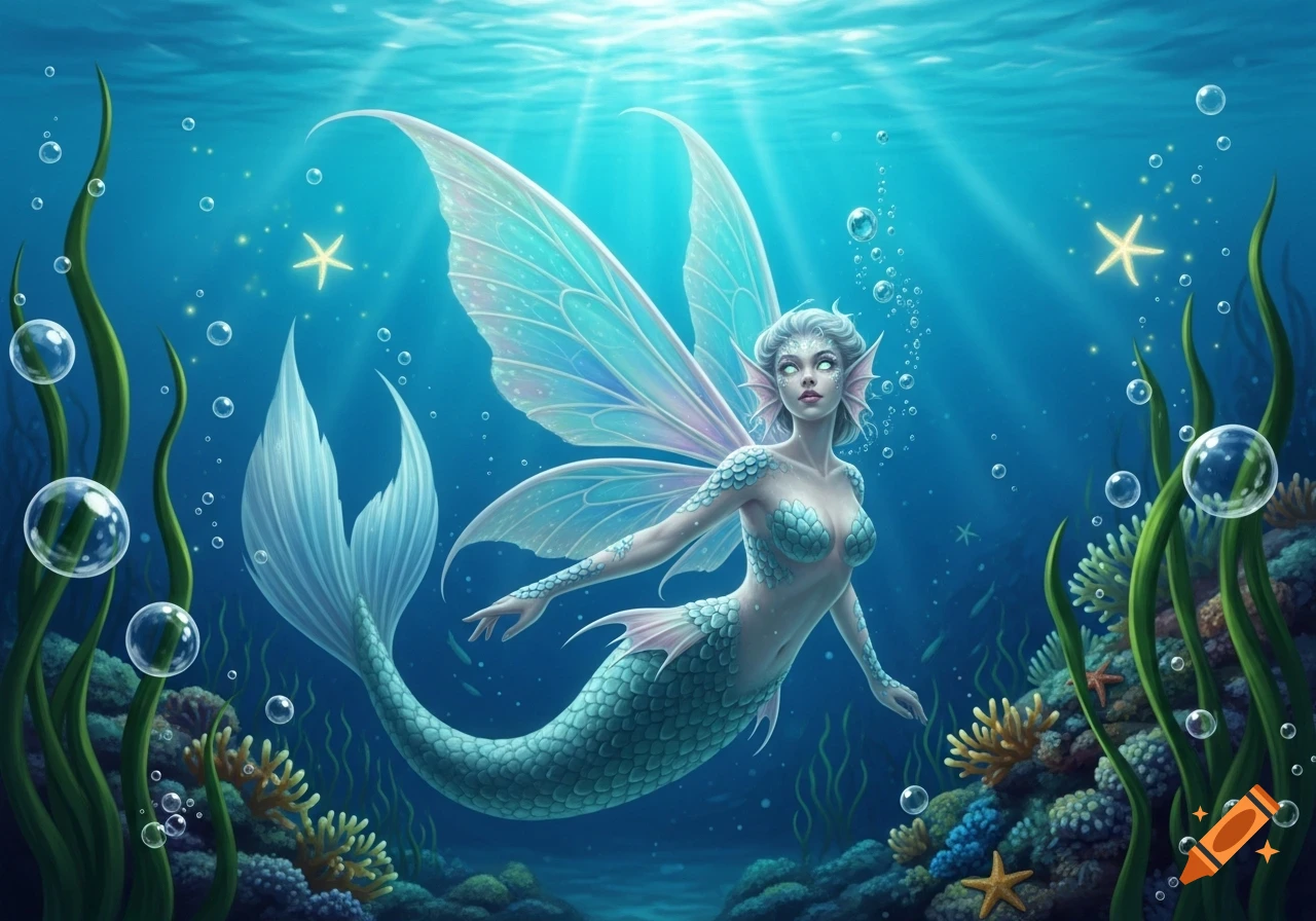 A mythical mermaid fairy with translucent wings and a scaled tail swims gracefully underwater amidst coral, seaweed, and bubbles, illuminated by sunbeams.