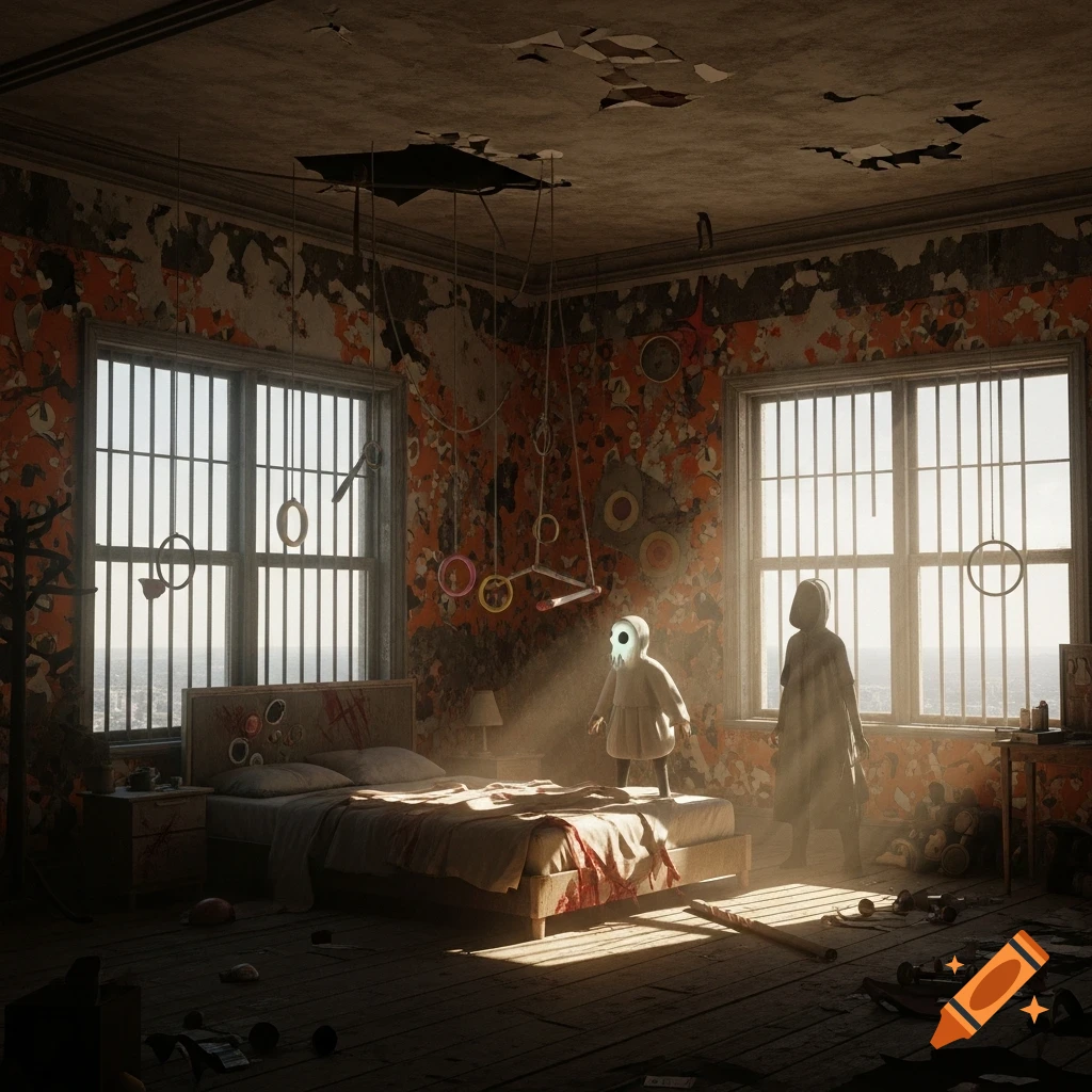An eerie, dilapidated bedroom with barred windows and peeling wallpaper. Two masked figures stand, one on the bed, in a shaft of sunlight amidst the shadows and scattered debris.