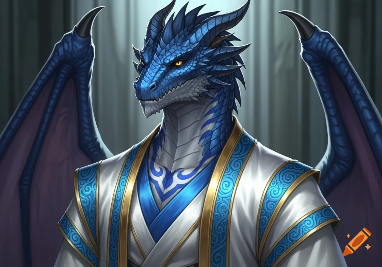 A male blue dragon with yellow eyes wears white and gold silk robes ...