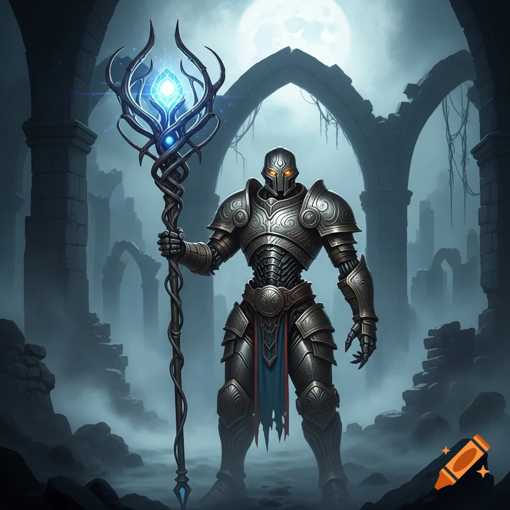 A detailed warforged knight in intricate armor holding a glowing staff stands in misty ruins under a full moon.