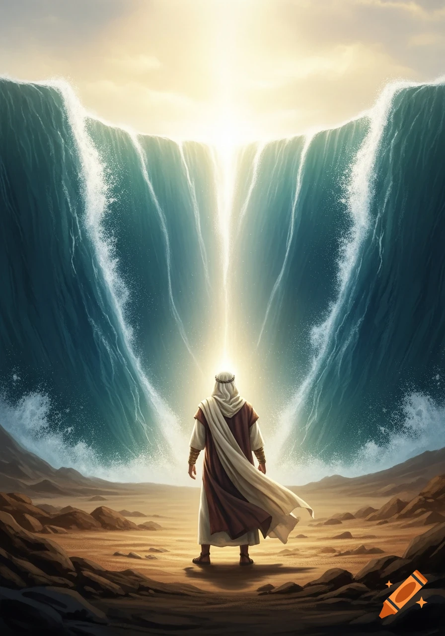Moses-like figure stands before the dramatically parted Red Sea under a bright divine light, cinematic illustration.