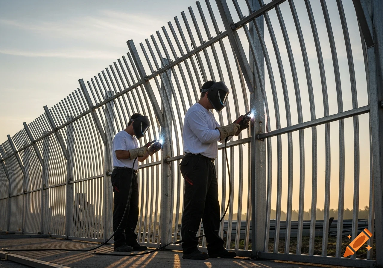 Two men in welding masks and gloves weld a metal fence at sunset.