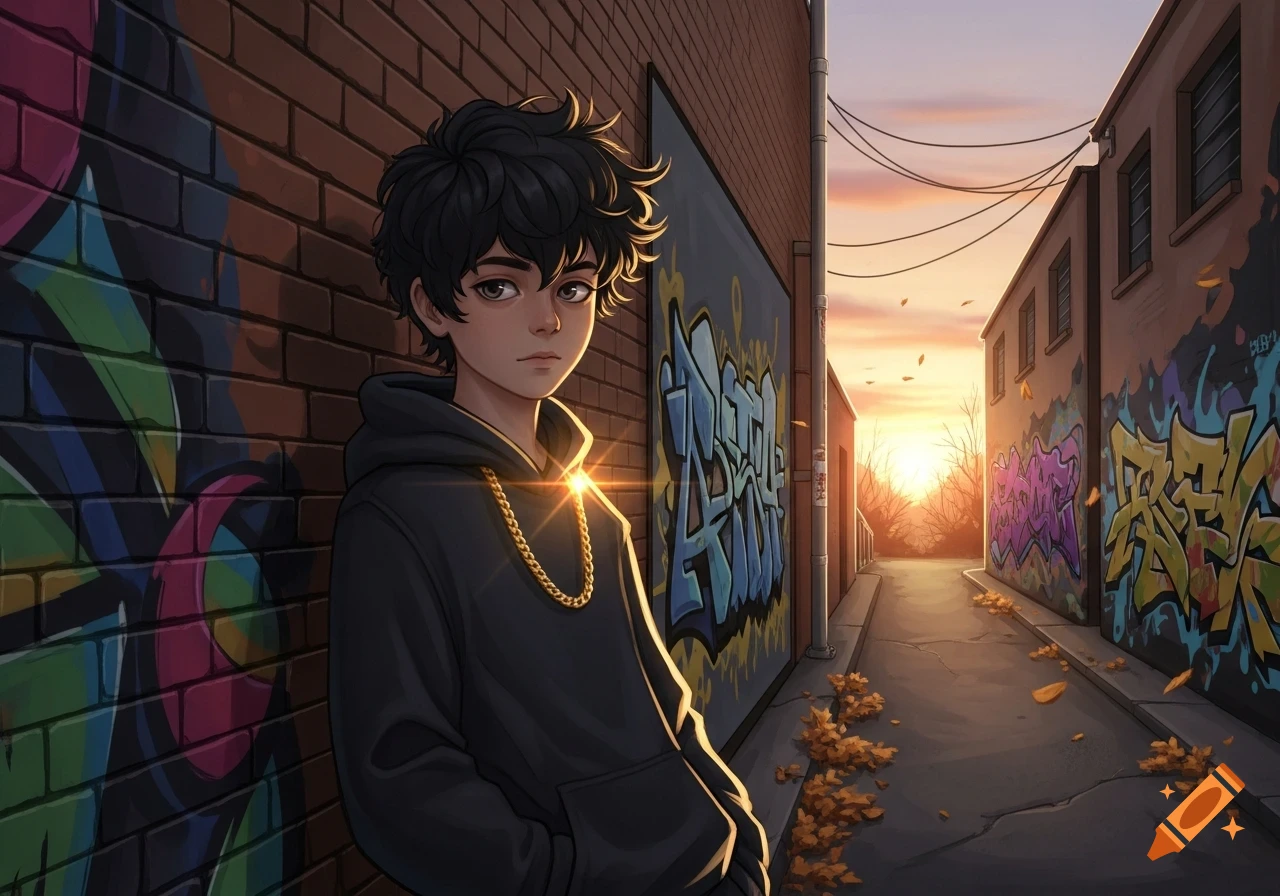 Anime-style boy with dark curly hair and a gold chain, leaning against a graffiti-covered brick wall in an alley at sunset.