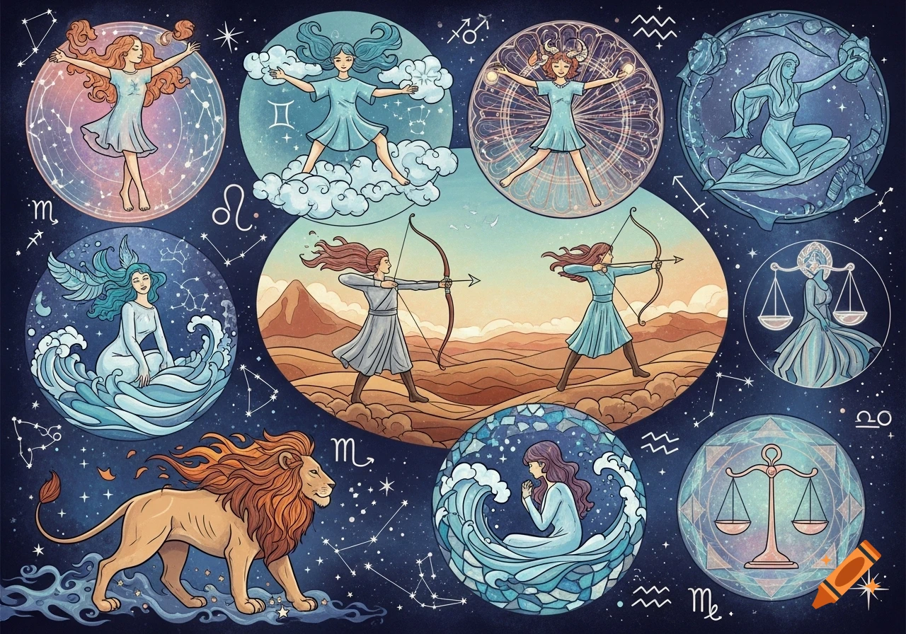Stylized illustration featuring multiple circular vignettes of zodiac signs, including human figures and animals, against a starry night sky.