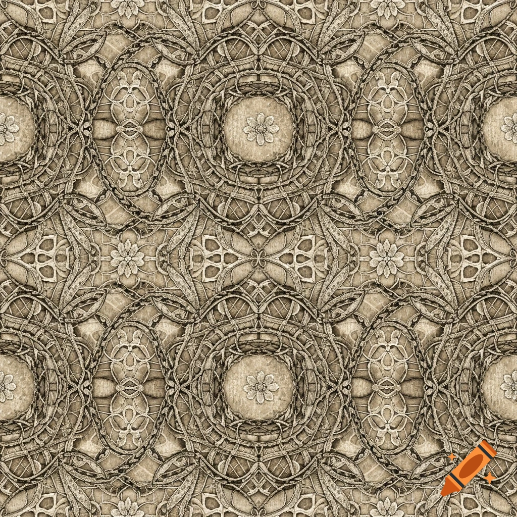 Photorealistic seamless pattern of intricate sepia-toned lace featuring intertwined vines, chains, and abstract floral motifs.
