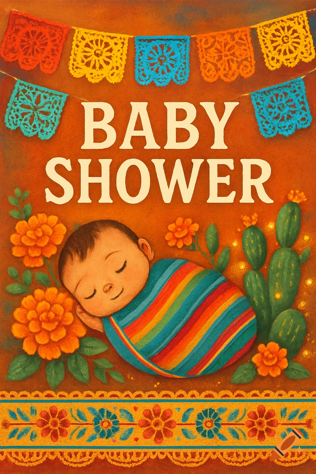 Colorful Mexican-themed baby shower invitation with a sleeping baby in a striped blanket, marigolds, cactus, papel picado banners, and 'BABY SHOWER' text.
