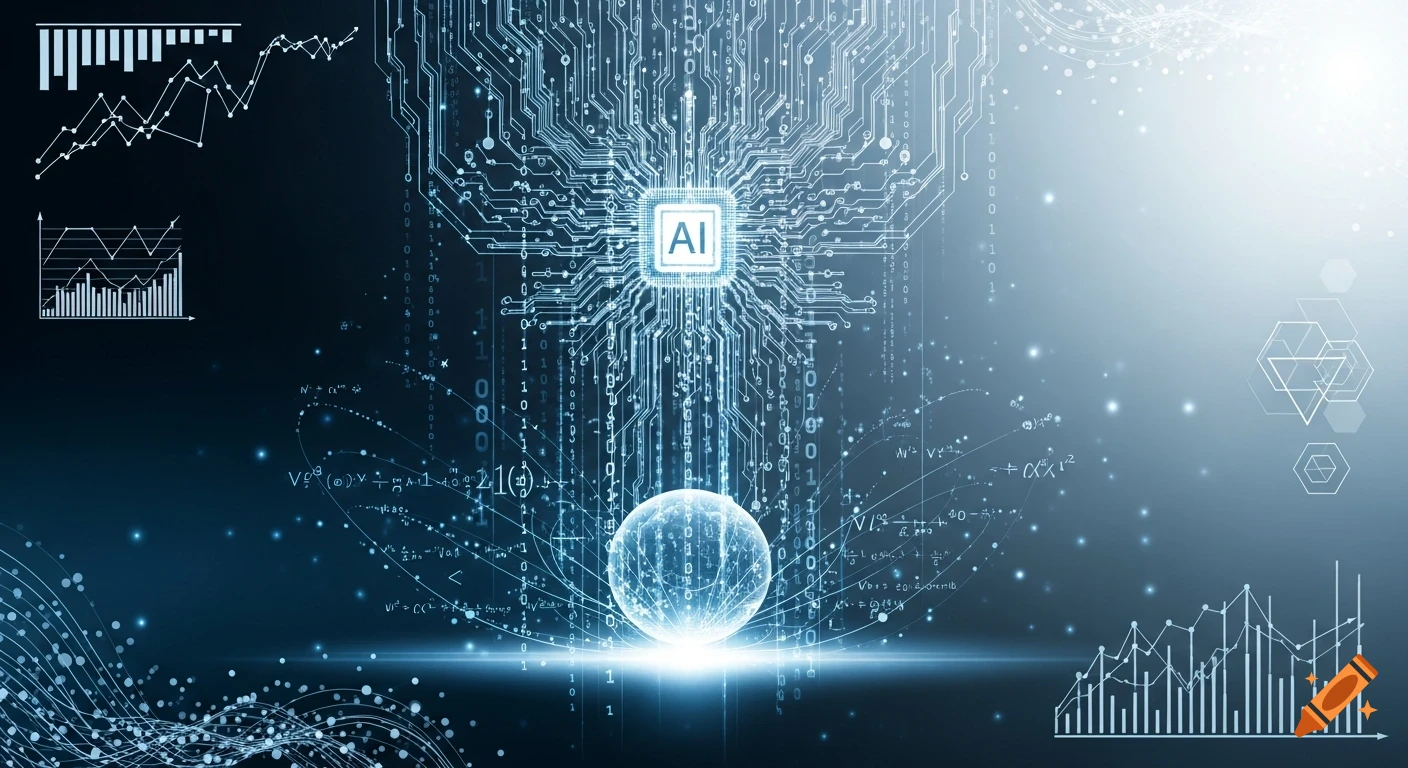 A glowing AI chip at the center of a futuristic digital background with circuit lines, binary code, data graphs, and a sparkling orb.