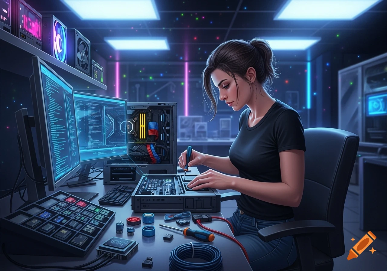 A female computer technician works on an open PC case at a desk with multiple monitors displaying code, surrounded by various computer components in a glowing, futuristic lab.