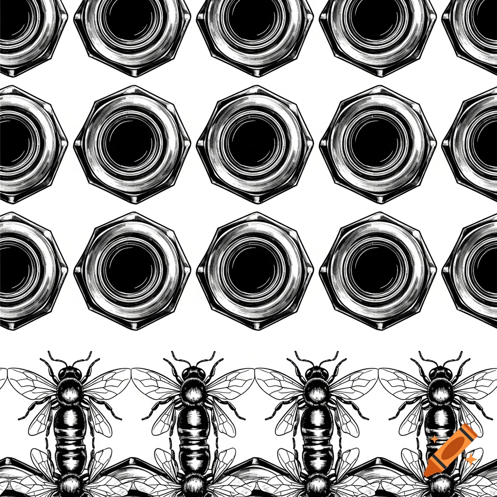 Black and white line art repeating pattern with rows of hexagonal nuts transitioning to a border of bees.