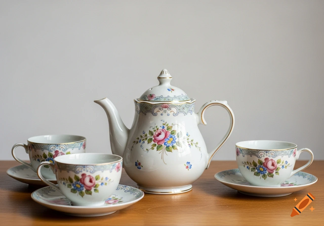 A white ceramic teapot and three matching teacups with floral prints sit on a wooden table.