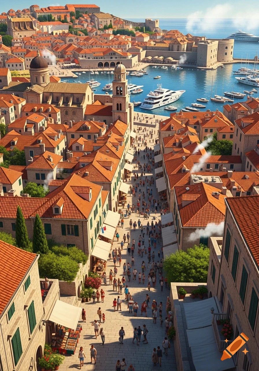 A vibrant, high-angle view of a crowded historic port city with terracotta roofs, numerous boats in the harbor, and distant mountains.