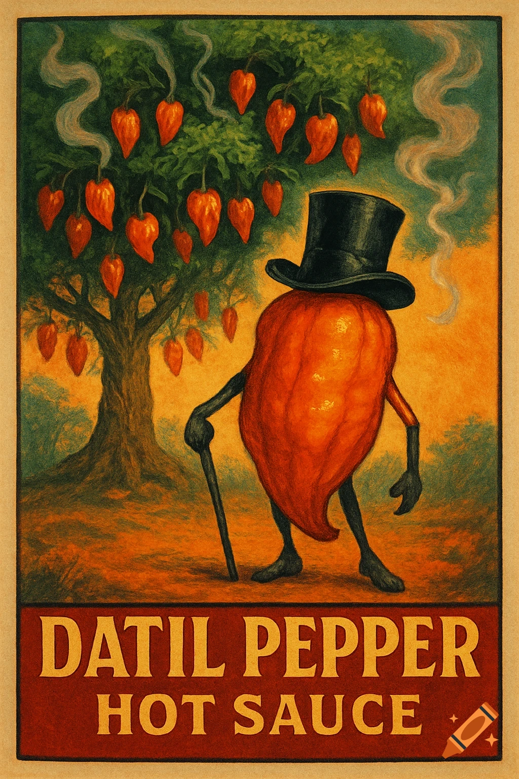 Vintage poster illustration of an anthropomorphic datil pepper with a top hat and cane in front of a pepper tree, with text 'DATIL PEPPER HOT SAUCE'.