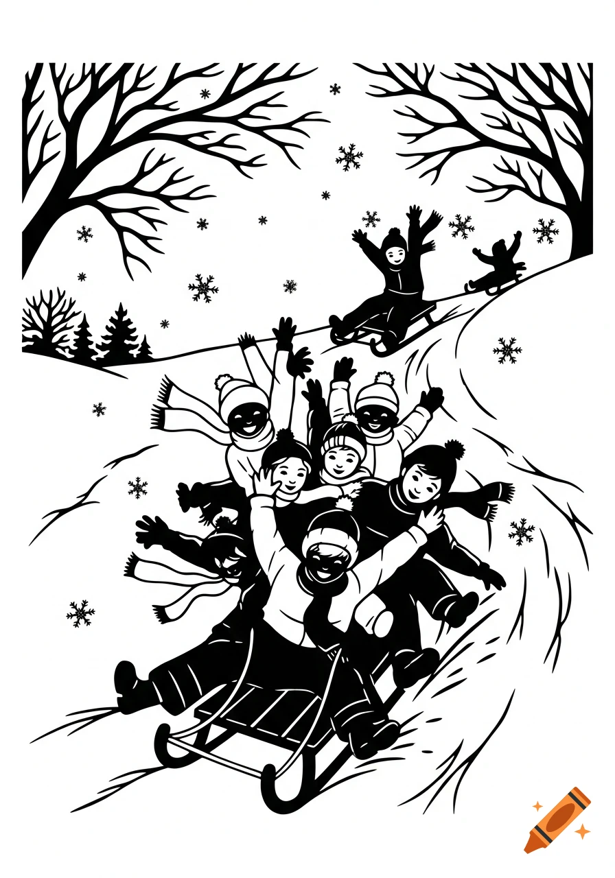Black and white silhouette illustration of many children joyfully sledding down a snowy hill with trees and snowflakes.