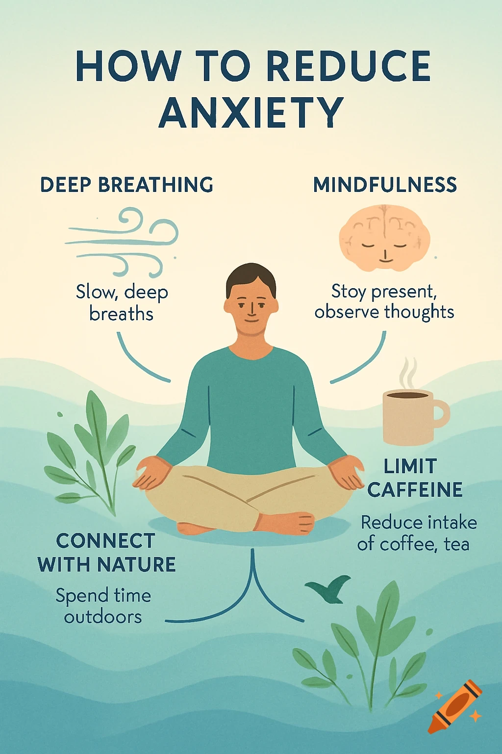 A calming illustration showing "How to Reduce Anxiety" with methods like deep breathing, mindfulness, limiting caffeine, and connecting with nature.