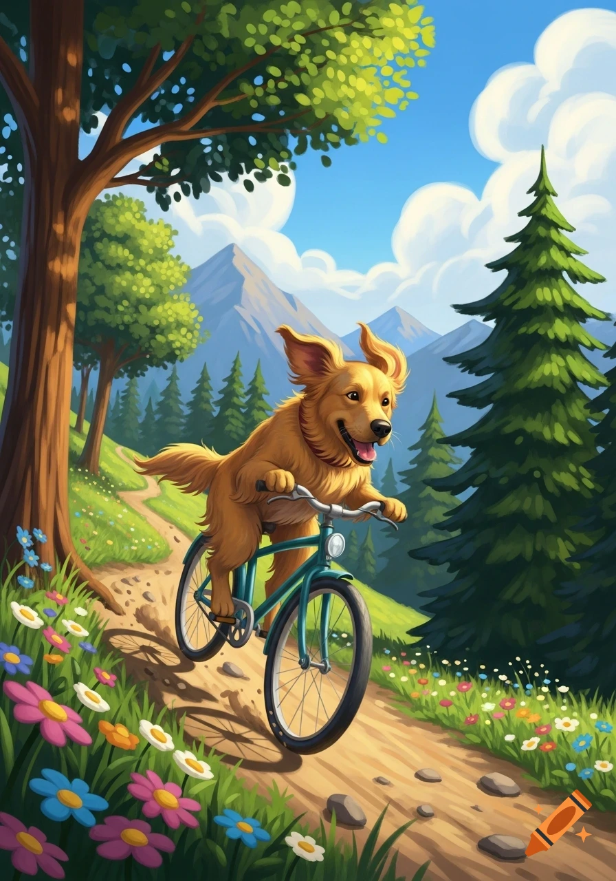 Cartoon golden retriever rides a bicycle down a winding mountain path through a vibrant forest with colorful flowers.