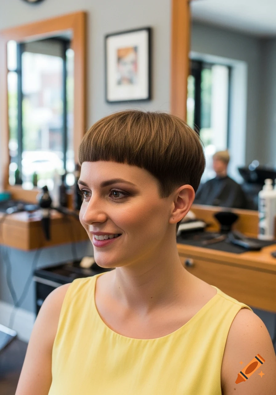 A smiling woman with a short bowl-cut haircut and a yellow top sits in a barber shop.