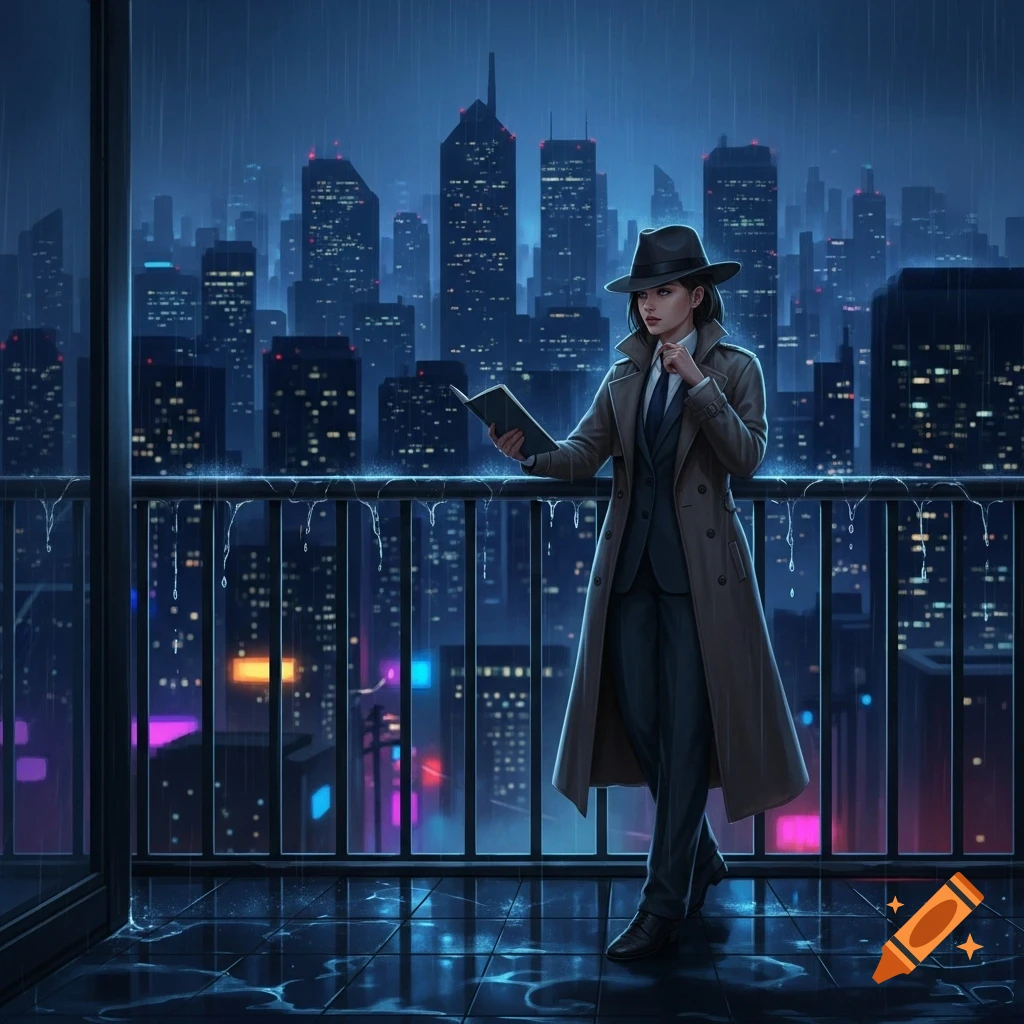 A woman in a trench coat and fedora reads a book on a rain-slicked balcony overlooking a neon-lit futuristic city at night, digital art.