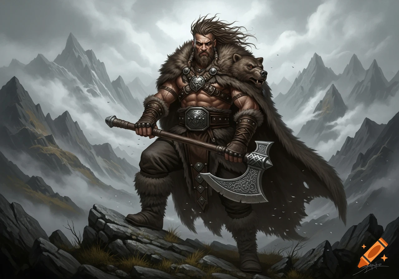 A fierce barbarian warrior with a bearskin cape and a beard holds a double-bladed axe on a rocky mountain peak with misty mountains.