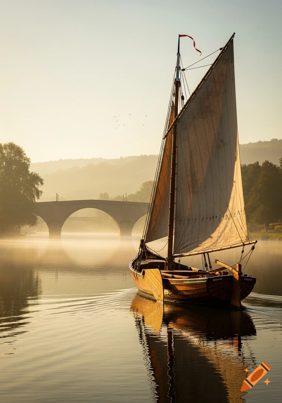 A wooden sailboat with a gaff sail on a calm, misty river at sunrise, with a stone arch bridge in the background.