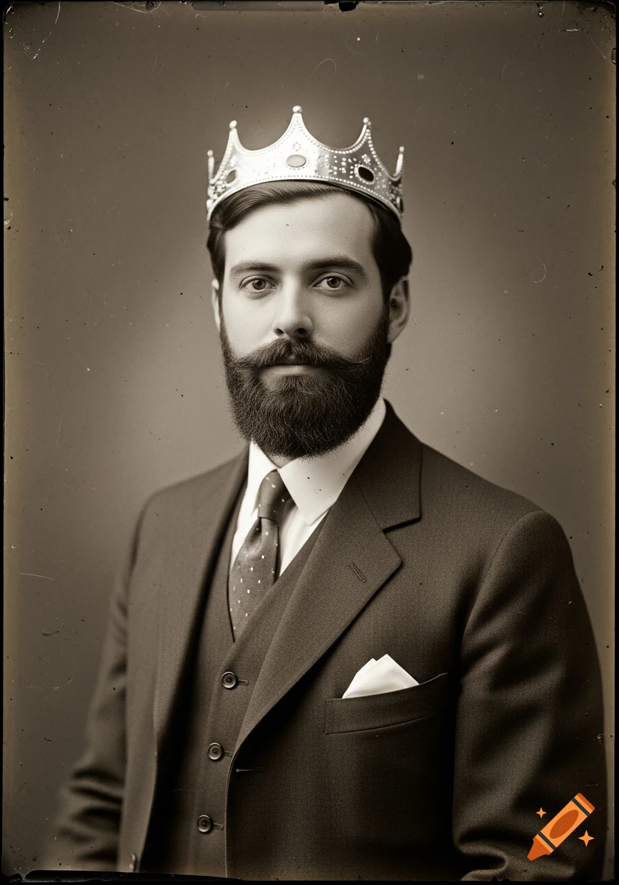 Sepia-toned portrait of a bearded man wearing a crown and a three-piece suit, in antique photography style.