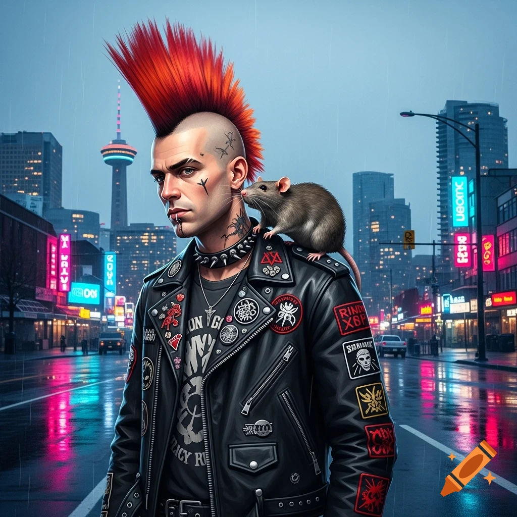 A punk man with a red mohawk and tattoos wears a patched leather jacket with a rat on his shoulder, standing on a rainy city street at night.