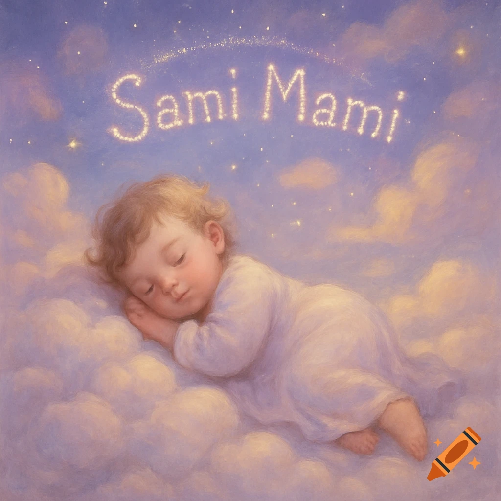 A baby in a white gown sleeps peacefully on soft pastel clouds under a starry sky with "Sami Mami" written in luminous stars.
