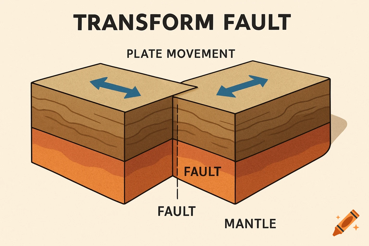 Diagram of a transform fault showing two geological plates moving horizontally in opposite directions, with labels.
