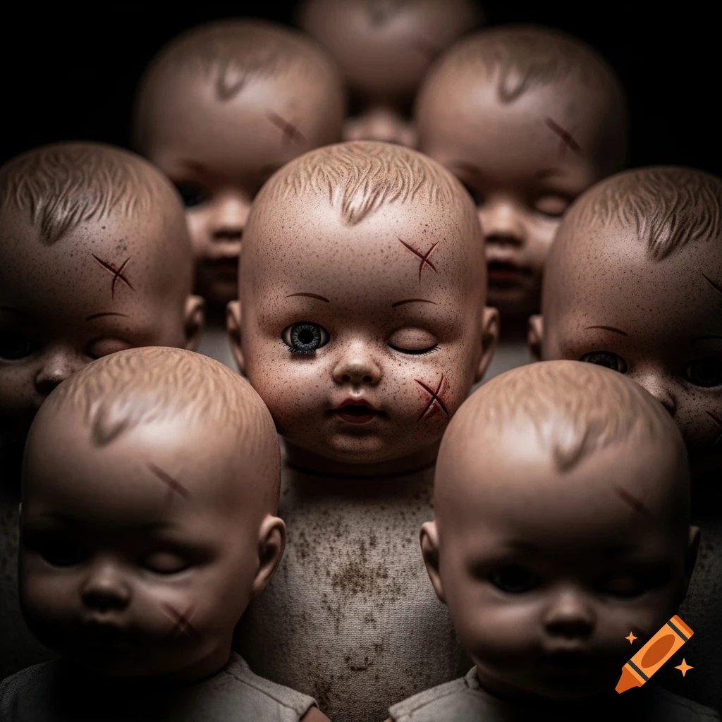 Close-up of many old, worn-out baby doll heads with cracked paint, scratches, and dirt, one with a single open eye, creating an eerie, moody atmosphere.