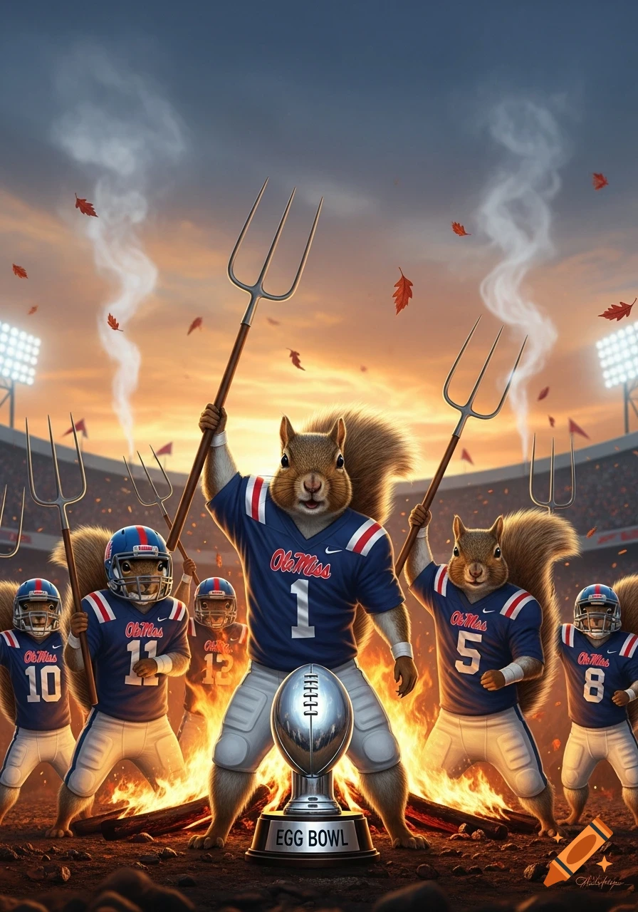 Anthropomorphic squirrels in Ole Miss football jerseys hold pitchforks around an 'EGG BOWL' trophy with fire in a stadium at sunset.