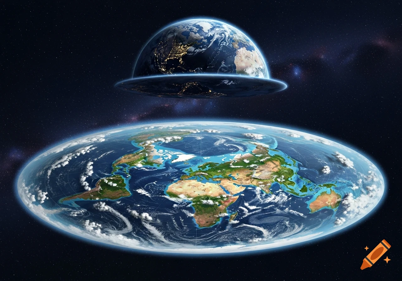 A spherical Earth above a flat, disc-shaped Earth, both showing continents and clouds, against a starry space background.