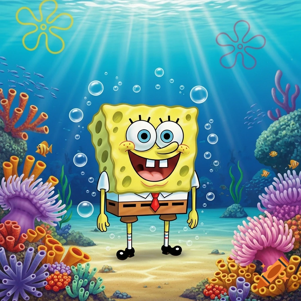 Spongebob Squarepants smiling widely in a vibrant underwater scene with coral, fish, and bubbles.