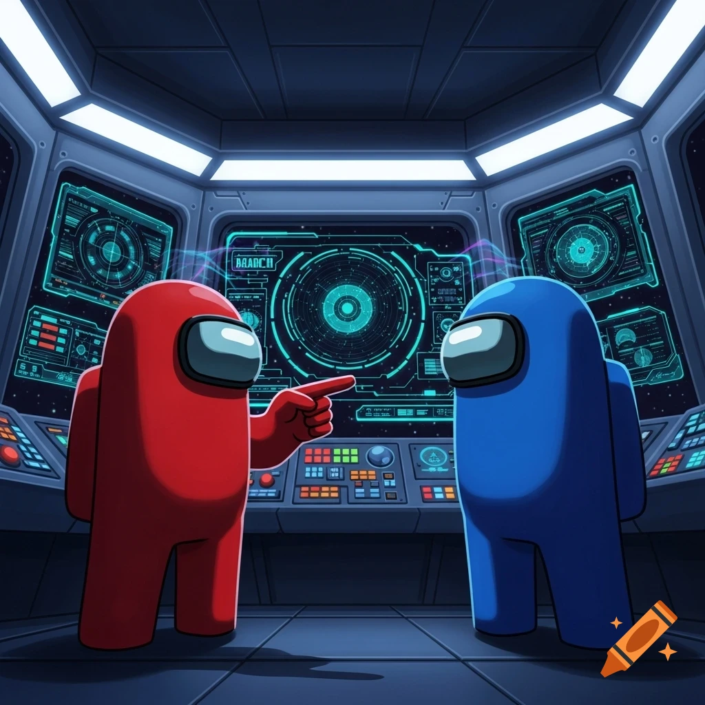 Red Among Us character points at a blue Among Us character in a futuristic spaceship cockpit with glowing screens.