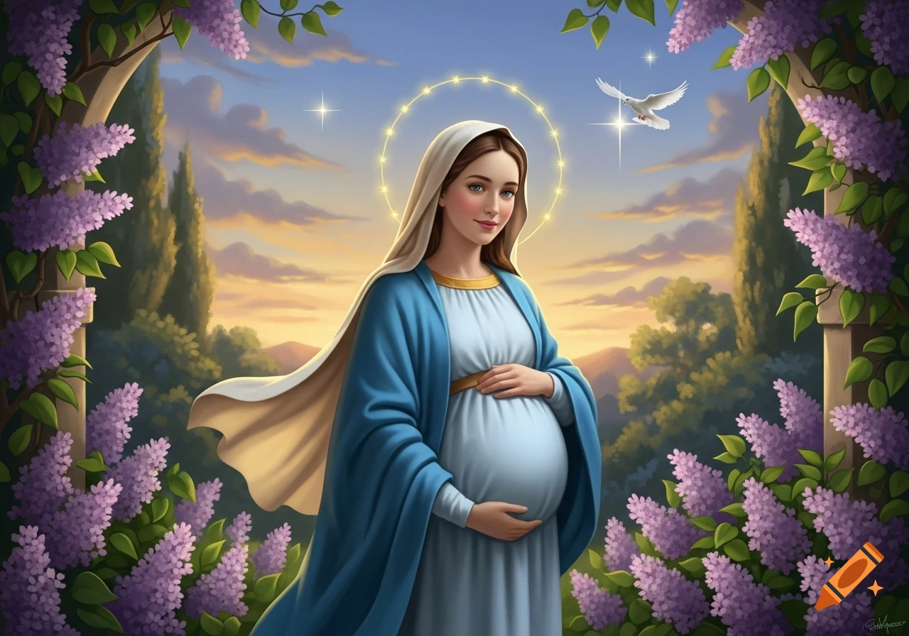 An illustration of the pregnant Virgin Mary with a halo, standing in a garden of purple lilacs under a celestial sky with a dove.